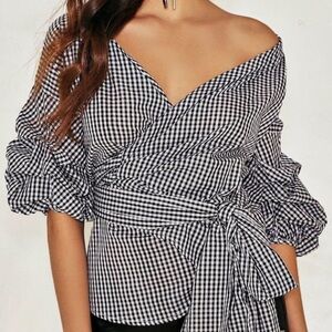 BLOUSE WRAP AROUND GINGNAM PATTERN SIZE S